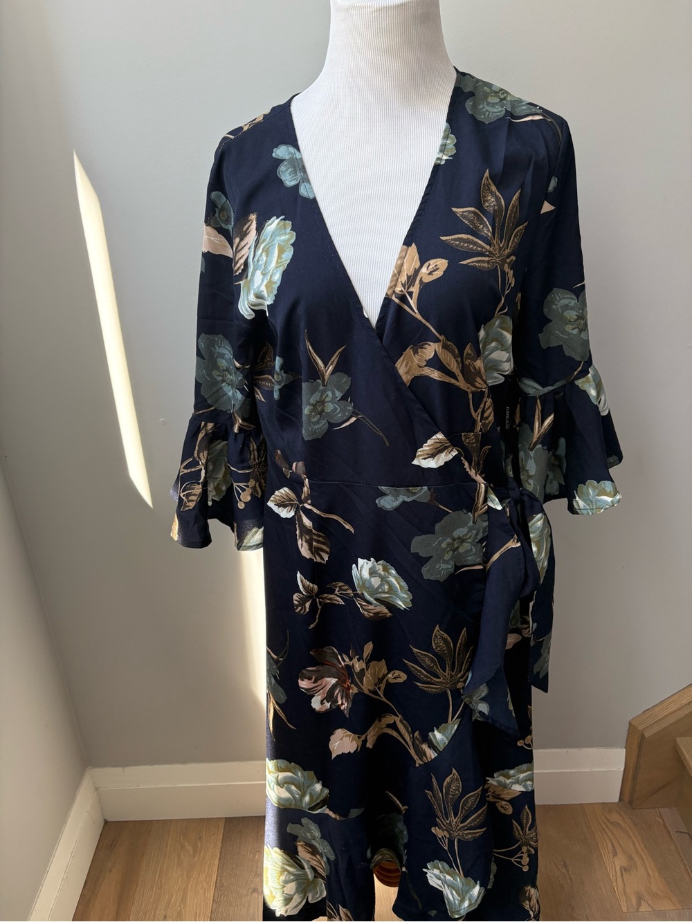 Lulu's Navy Floral Wrap Midi Dress with Ruffle Sleeves